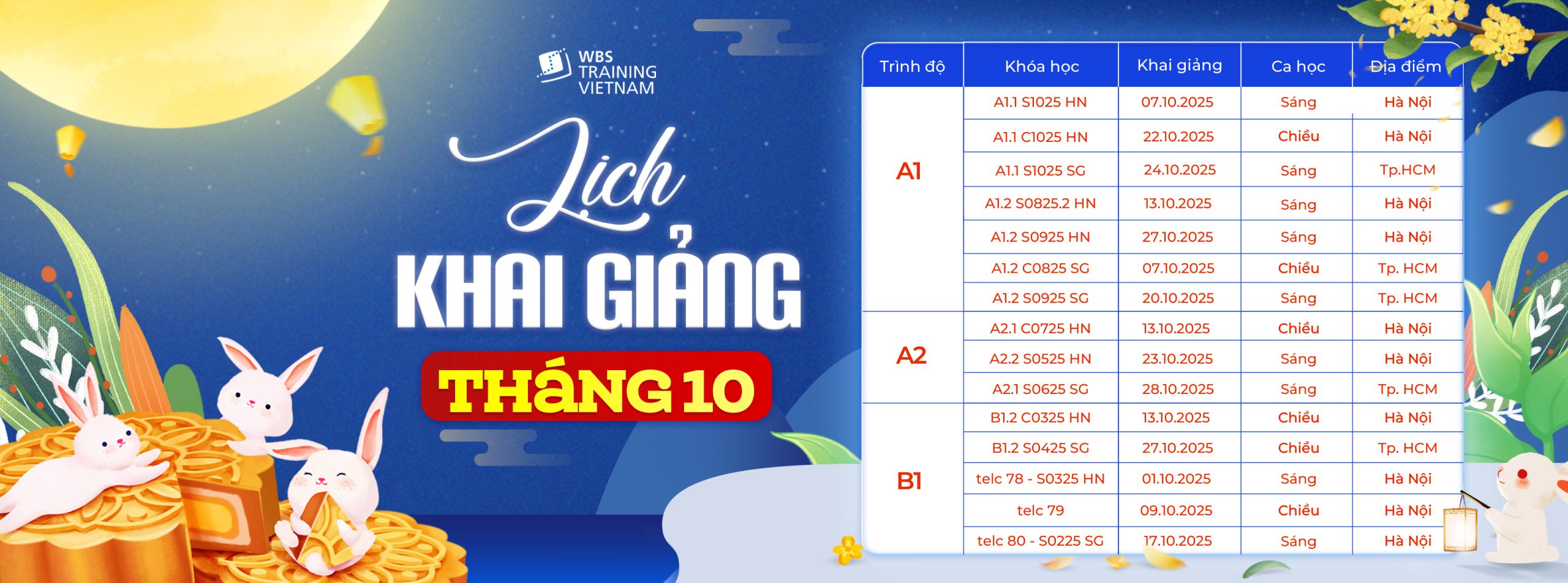 Lịch khai giảng tháng 10