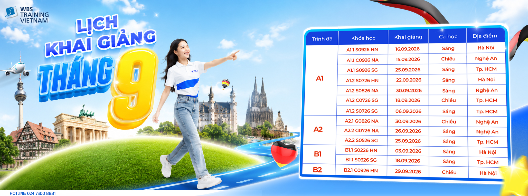 WBS Training Vietnam thông báo lịch khai giảng lớp học tiếng Đức tháng 9/2026
